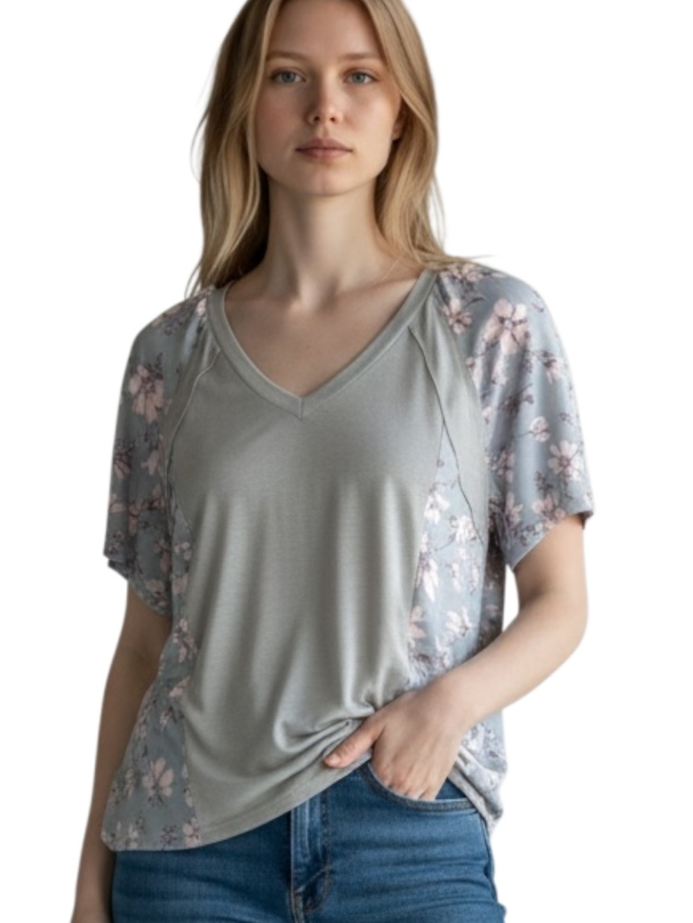 BloomChic Green V-Neck Tee with Pink Floral Raglan Accents